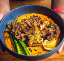 Hyderabadi Korma Cauliflower Steak, Almond Snow & Herb Oil